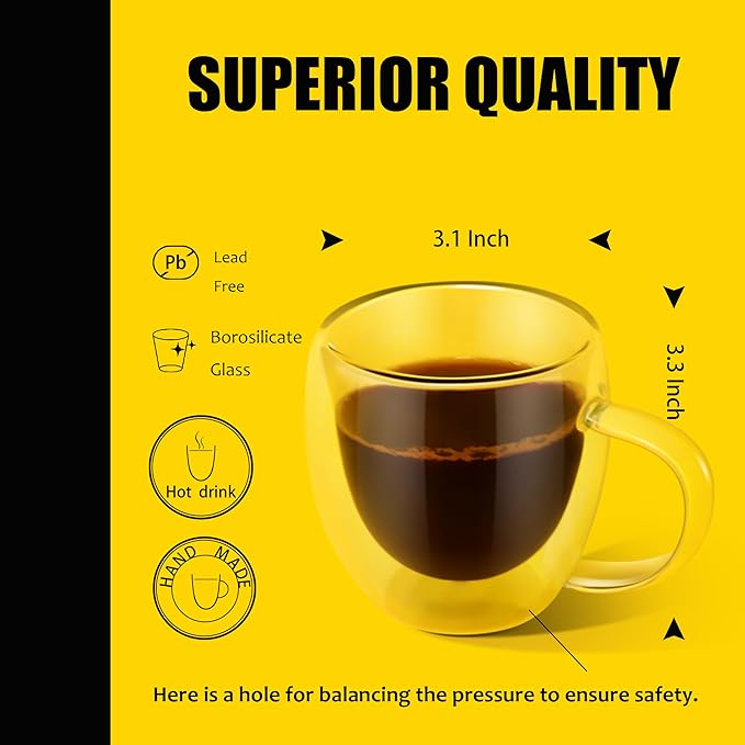 PunPun 8.5oz/250ml Espresso Cups, Double Wall Insulated Glass Cups, Set of 2 - Bloomnest