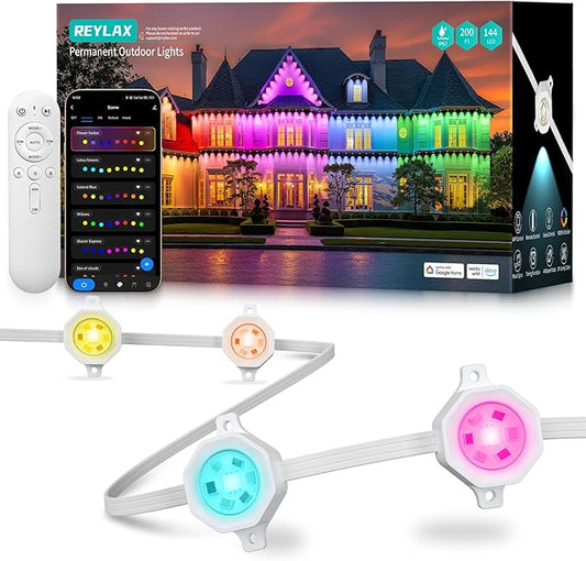 REYLAX Permanent Outdoor Lights Pro 200ft, 144 Triple-LED 135lm, RGB+IC Smart Eaves Christmas Lights for House, IP67 Waterproof, DIY Multi Scenes for Outdoor Decor, Works with Alexa Google APP Remote - Bloomnest