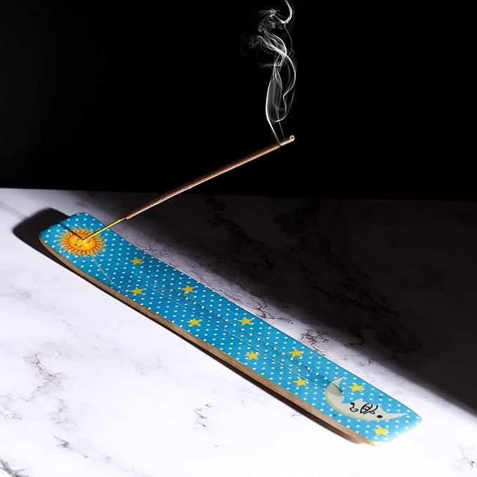 Bless-International Traditional-Handmade-Burner Wooden-Incense-Stick-Holder Ash-Catcher-Stand for-Aromatherapy-Meditation-Yoga (Moon & Stars) 10 Inches, Pack of 1 - Bloomnest