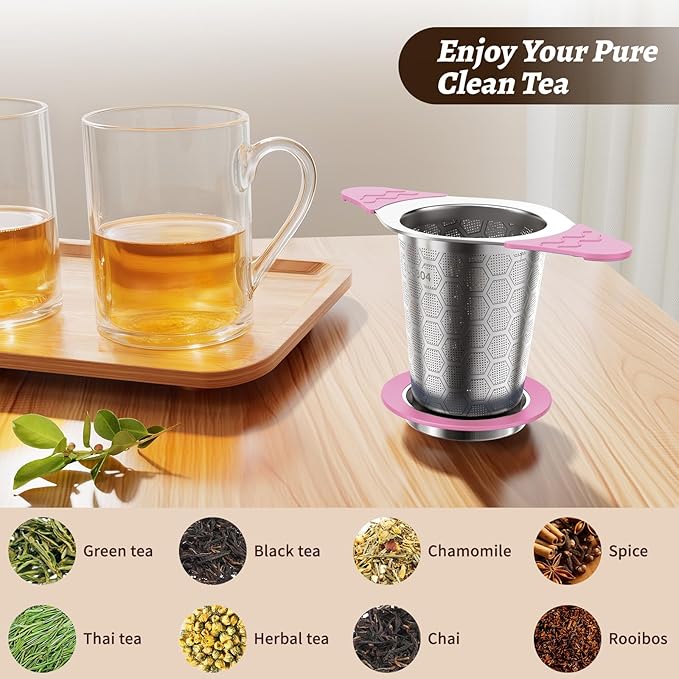 Tea Infuser for Loose Leaf Tea,18/8 Stainless Steel Tea Infuser with Heat Proof Silicone Handles,Extra Fine Mesh Tea Strainers Filter Fine Tea Leaves Effectively,Fits TeaPots/Mugs-Pink - Bloomnest