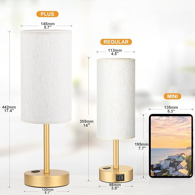 Fenmzee Touch Table Lamp - Cream, 3-Way Dimmable, USB A + C Charging, AC Outlet, 17.4inch Medium, Gold Metal Base - Bloomnest