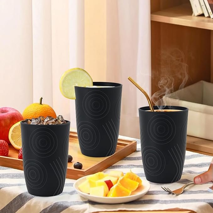 Wheat Straw Cups 6 Pcs 16 OZ Plastic Cup, Unbreakable Drinking Glasses, Lightweight Cup Set for Kitchen, Alternative to Plastic Cups Reusable Dishwasher Safe (Black) - Bloomnest