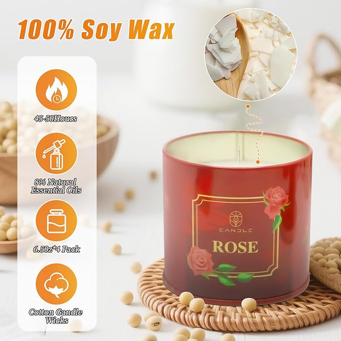 Scented Candles Gift for Women,4 Pack Natural Soy Wax Candles Long Lasting Rose Lavender Sandalwood Apple Cinnamon Fragrance Gift for Mothers Day, Birthday, Thanksgiving Day, Christmas, Valentines Day - Bloomnest