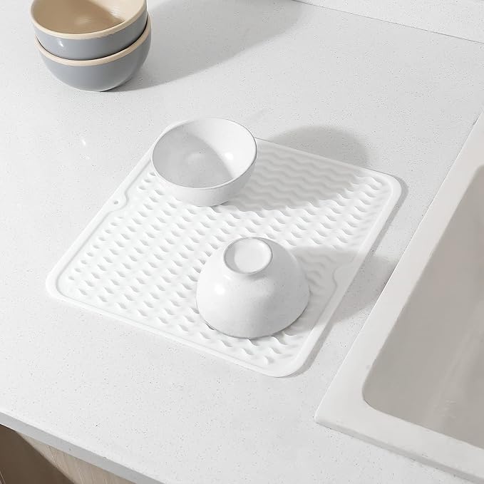 Silicone Dish Drying Mat for Multiple Usage,Easy clean,Eco-friendly,Heat-resistant Silicone Mat for Kitchen Counter or Sink,Refrigerator or Drawer liner White M 12 inches x 12 inches - Bloomnest