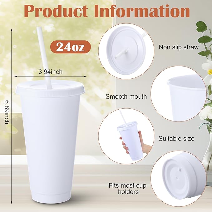 Honeydak 30 Pack Tumbler with Straw and Lid Bulk Water Bottle Iced Coffee Travel Mug Cup Reusable Plastic Cups for Party Birthdays 24-27 oz (White Color) - Bloomnest