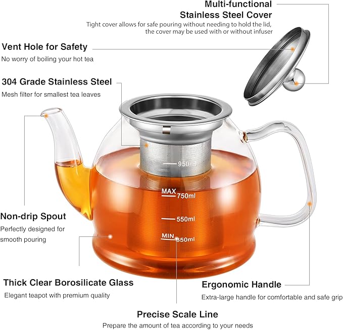 Glass Teapot, 33oz / 1000ml Teapot with Removable Infuser, Clear Tea Pot for Loose Leaf Tea and Blooming Tea, Stovetop Safe Glass Tea Kettle with Scale Line and Tea Brewer Guide
