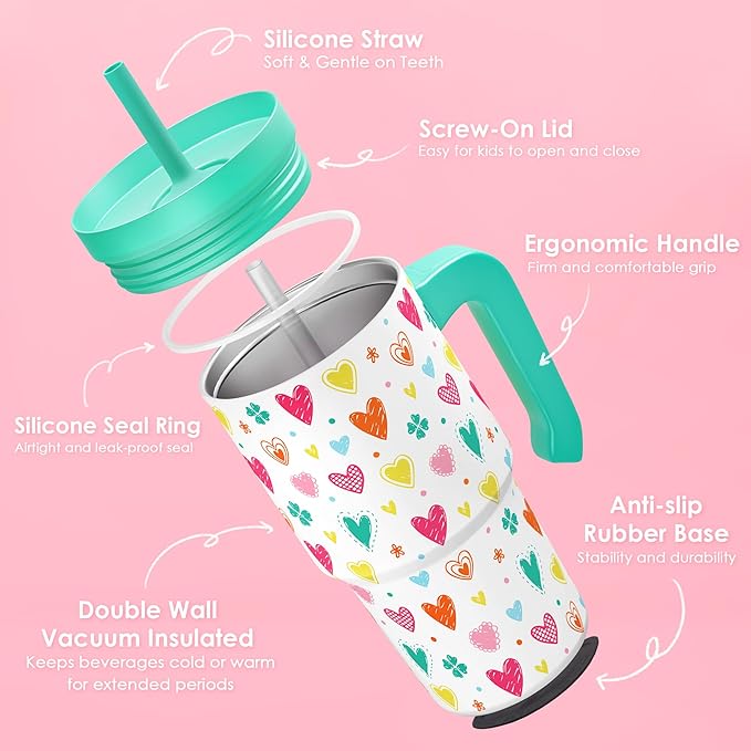 Heart Design Kid 20oz Tumbler with Handle and Silicone Straw Lid, Insulated Stainless Steel Cup, Gift for Kids Girls, Gifts Idea for Birthday Christmas Back to School - Bloomnest