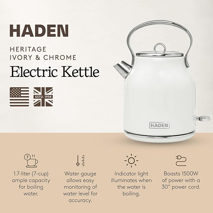 Haden Heritage 1.7 Liter Stainless Steel Electric Kettle, Hot Water Kettle with 360-Degree Base and Auto Shutoff, Ivory & Chrome - Bloomnest