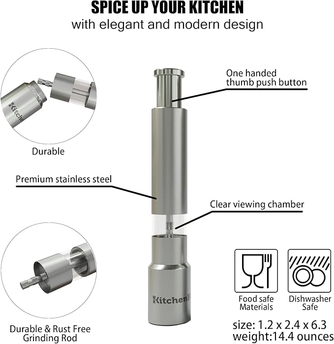 Modern Thumb Click Salt and Pepper Grinder with Refillable Peppermill - Perfect for Himalayan Salts, Black Pepper, Sea Salt, Peppercorns, Spices Push Button for 1 hand operation (set) - Bloomnest