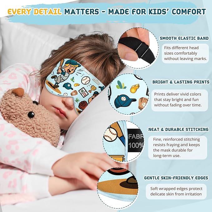 Kids Sleep Mask – 100% Mulberry Silk Eye Mask with Adjustable Strap, Soft Light Blocking Sleeping Mask for Children, Cute Printed Eye Cover for Boys Girls Ages 5-15 (Baseball Style) - Bloomnest