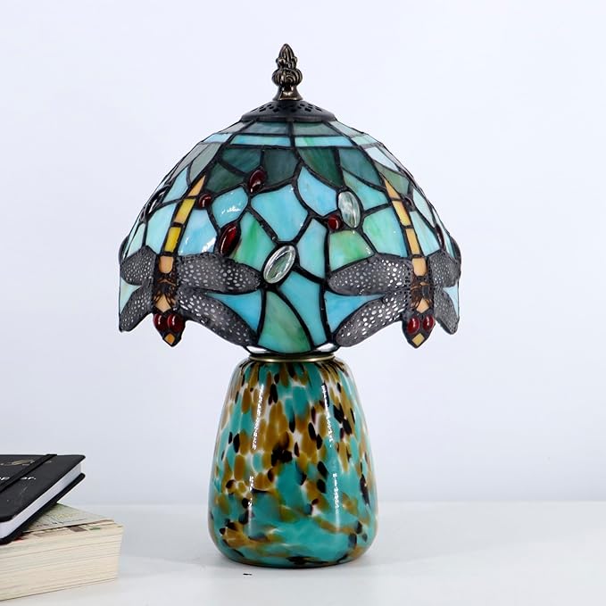 Tiffany Mushroom Table Lamp Dragonfly Style Blue Stained Glass Accent Lamp Brown Blue Glass Base 8X8X12 Inch - Bloomnest