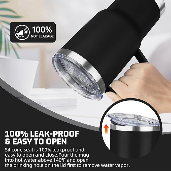 20 oz Tumbler with Handle Stainless Steel Insulated Coffee Mug Tumbler with Lid and Straw Double Wall Vacuum Insulated Coffee Mug Leak Proof Travel Mug Tumbler for Hot and Cold Drink (Black,1pack)