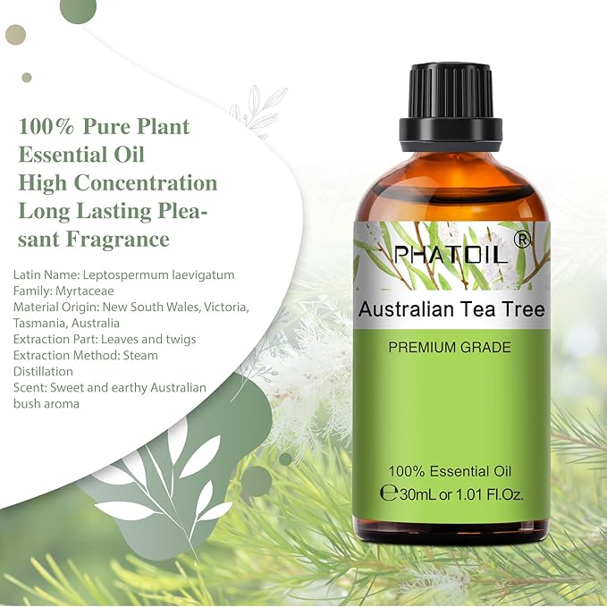 Australian Tea Tree 1.01fl.oz Essential Oil, PHATOIL Pure Aromatherapy Oils for Diffuser, Humidifier, Perfect for DIY Soap, Candle, Bath Bombs Making(30ml) PHATOIL