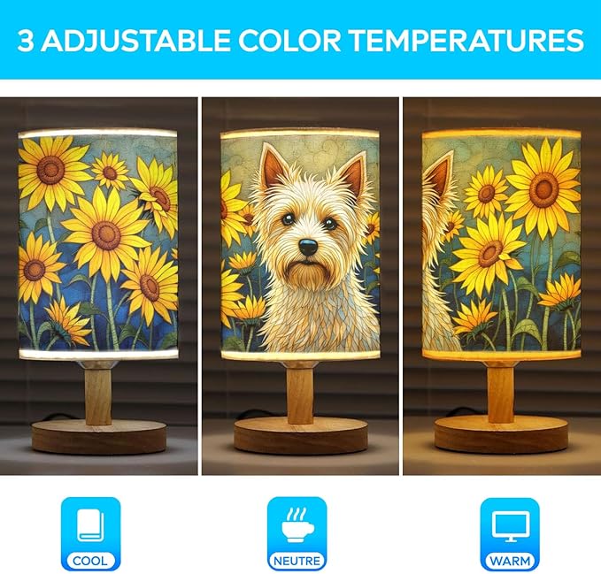 Silky Terrier Table Lamp LED 3-Color Pressed Bedside, Dog Shade Lamp with Wood Base for Bedroom Living Room Desk Office - Bloomnest