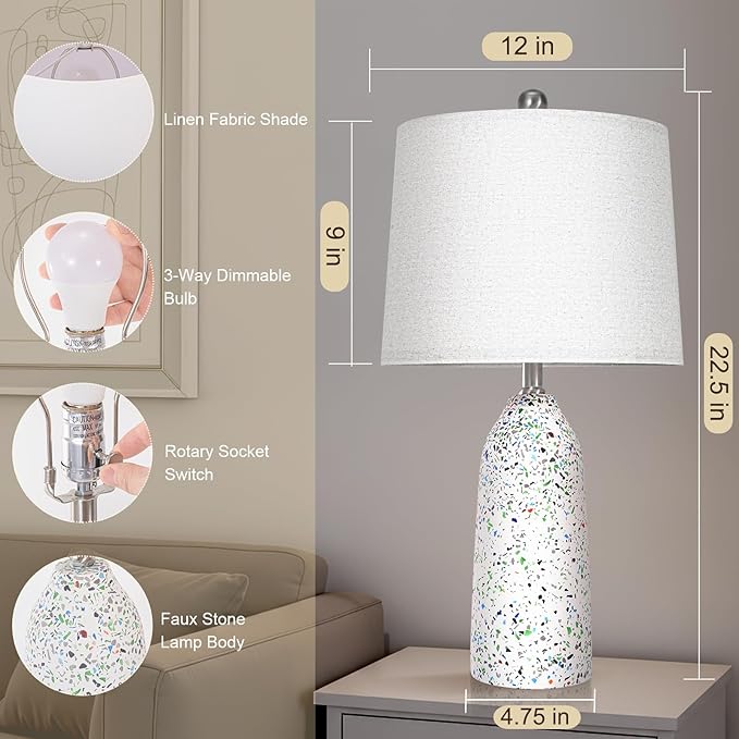 22.5" Faux Stone Table Lamps Set of 2, Farmhouse Lamps for Bedroom with Linen Shade, Rotary Switch Bedside Lamps with 3-Way Dimmable Bulb for Living Room Nightstand Home Decor(Bulb Included) - Bloomnest