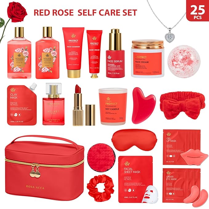 25 Pcs Valentines Day Gifts for Women, Red Rose Bath & Body Gift Set, Hydrating Skin Care Set, Luxury Self Care Gifts, Cosmetic Bag, Face Serum, Necklace, Christmas, Birthday, Mothers Day - Bloomnest