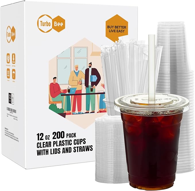 Turbo Bee 200 Sets 12 OZ Clear Plastic Cups with Lids and Straws, Disposable To Go Iced coffee cups with lids for Cold Drinks, Smoothie, and Slushie - Bloomnest