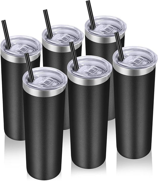 VEGOND Stainless Steel Tumblers Bulk 6 Pack, 20 oz Vacuum Insulated Skinny Tumblers with Lid and Straw, Double Wall Coffee Mug, Travel Water Cup, Black - Bloomnest