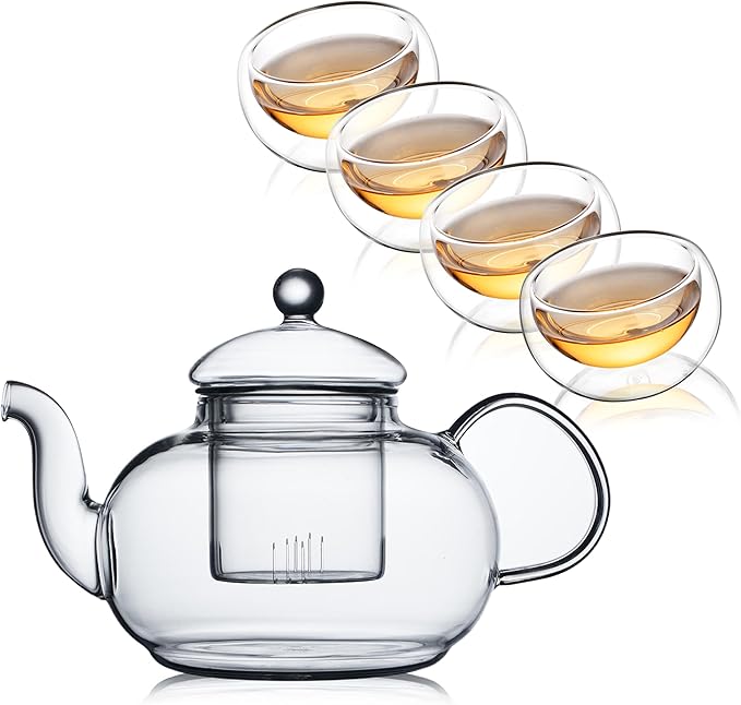 CNGLASS Glass Teapot Set,20oz Clear Tea Pot with 4 Double Wall Teacups,Stovetop Safe Tea Kettle,Blooming Loose Leaf Tea Maker Gift,Microwave Dishwasher Safe - Bloomnest
