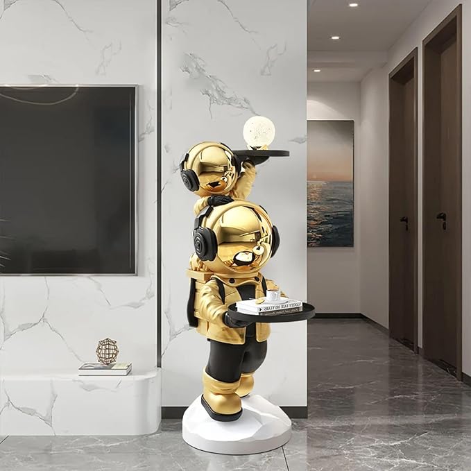 Modern Gold Astronaut Floor Sculpture, Spaceman Figurine Statue with Tray Top for Home Decoration - Bloomnest