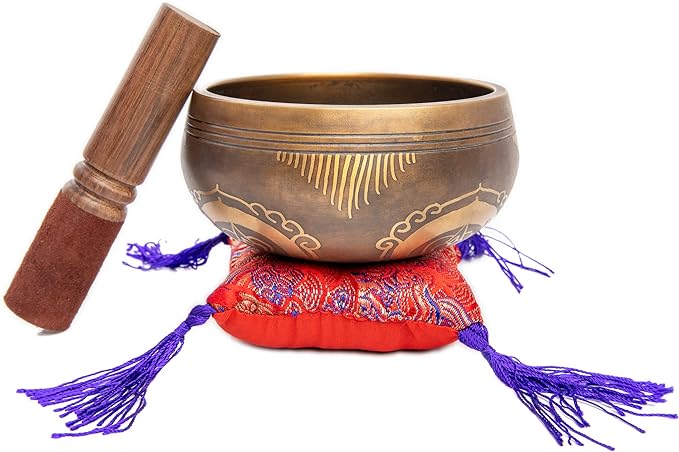 Tibetan Singing Bowl Set - Easy To Play Authentic Handcrafted For Meditation Sound Chakra Yoga Healing 4 Inches By Himalayan Bazaar (Brown and Maroon)