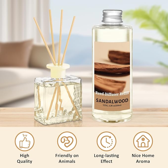 STRN Sandalwood Essential Oil Reed Diffuser Refill 200ml Long-Lasting Aromatherapy, Natural Fragrance Liquid with Eco-Friendly Bottle for Home, Bedroom, Spa - Bloomnest