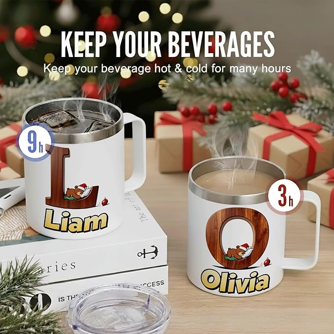 JugJug Personalized Christmas Mug with Initial & Name - Cute Sleeping Bear 12oz Insulated Coffee Cup w/Lid - Xmas Gifts for Kids, Boys, Girls (B175) - Bloomnest