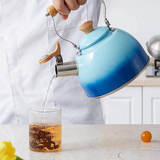 ROCKURWOK Tea Kettle, Tea Pot with Cool Touch Ergonomic Handle, Teapot Food Grade Stainless Steel, Tea Kettle Stovetop, Kettle Teapot, Whistling Tea Kettle, Small Tea Pot, 1.6 Quart (Blue) - Bloomnest