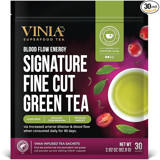 VINIA Signature Green Tea Bags, Made with Organic Green Tea, Infused with Piceid Resveratrol for Heart Health, Nitric Oxide, Physical Energy, Alertness, Blood Flow, Keto, Kosher, NON-GMO. 30 Ct - Bloomnest