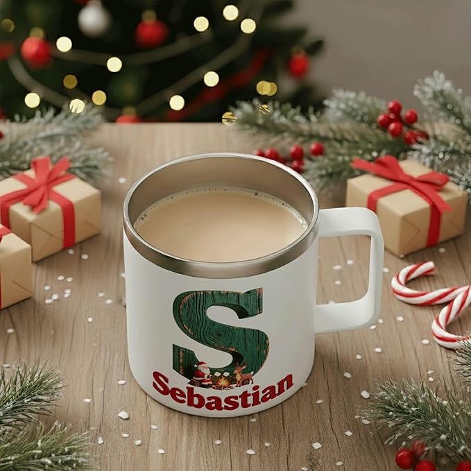 Personalized Christmas Insulated Coffee Mug with Handle – Custom Rustic Initial Letter [A] Double Wall Stainless Steel Travel Tumbler for Drinks – Unique Holiday Gift for Men, Women, & Kids(B116) - Bloomnest