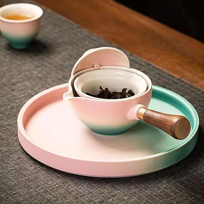 Ceramic Portable Travel Tea Set, Chinese Kungfu Tea Set with 360 Rotation Teapot and Infuser, 4 Tea Cups, Tea Tray And Travel Bag (Peach Red)