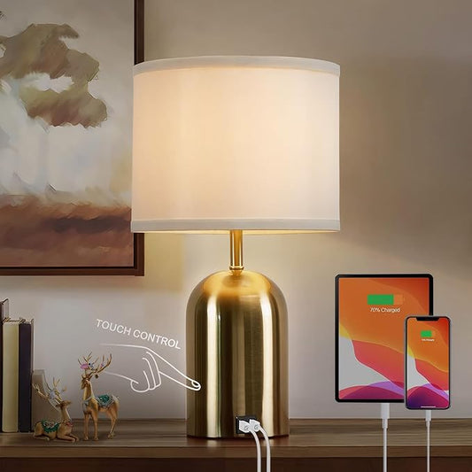 GyroVu Bedside Lamp with USB Port, Touch Control Table Lamp for Bedroom 3 Way Dimmable Modern Nightstand Lamp with Fabric Shade Gold Base for Living Room, Dorm, Home Office, LED Bulb Included - Bloomnest