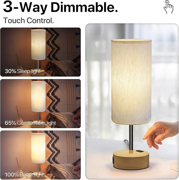 KPQ Small Bedside Lamp Touch Control Table Lamp with USB A+C Charging Ports & AC Outlet 3-Way Dimmable Nightstand Lamp with Linen Fabric Shade for Bedroom Living Room - Bloomnest