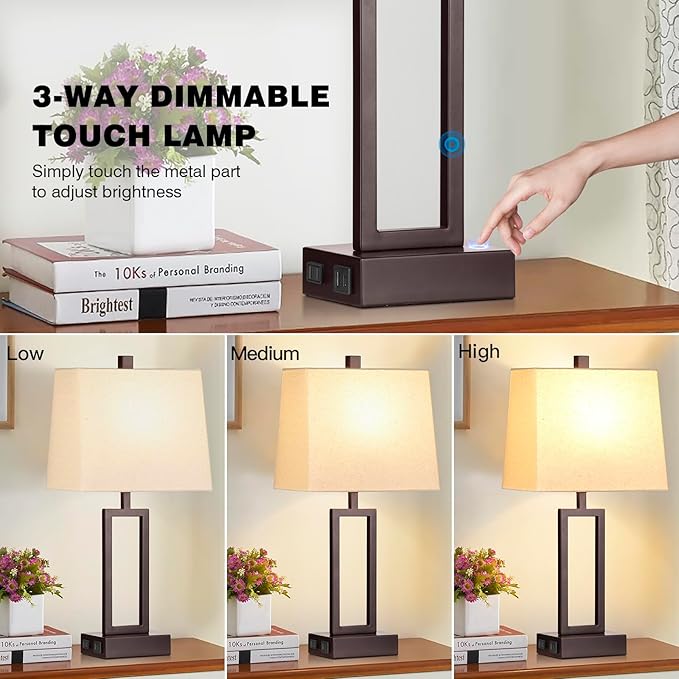 23.5" Touch Control Table Lamps, Metal Bedside Lamp for Bedroom Set of 2 with USB A+C Ports & AC Outlet, 3-Way Dimmable Nightstand Lamp for Living Room (LED Bulb Included) - Bloomnest