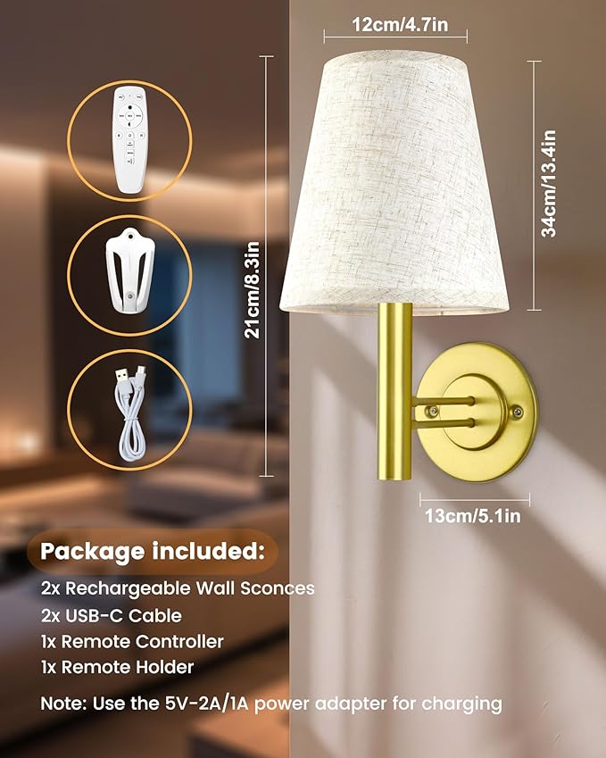 Rechargeable Wall Sconces Gold with Remote Control, 5200mAh Battery Operated Wall Lights, Wireless 16 Colors Timer & Dimmable Battery Wall Lamp for Bedroom, Living Room, Hallway - Bloomnest