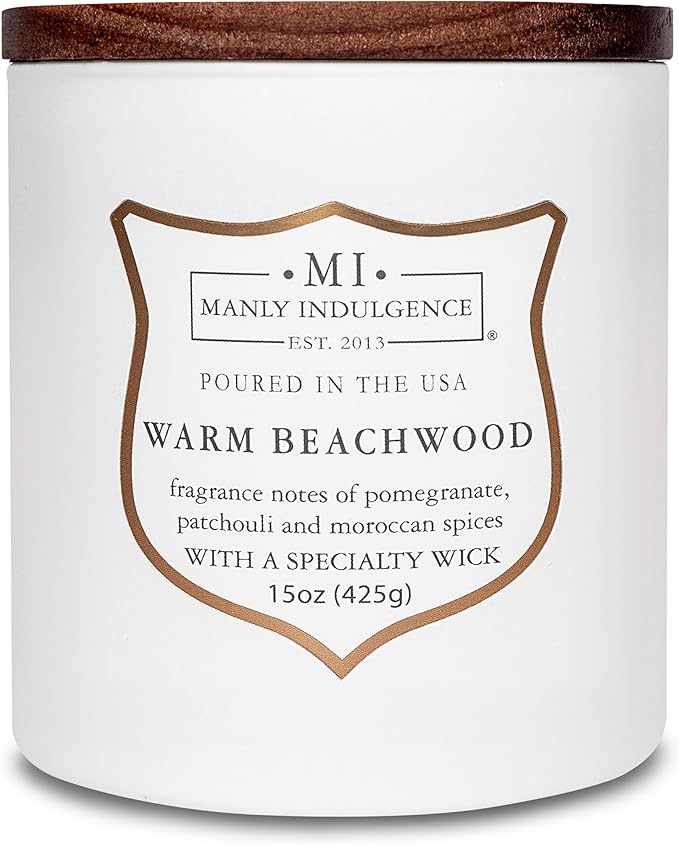 Manly Indulgence Warm Beachwood Scented Candles for Men, 15 oz Wooden Wick, Premium Soy Blend Wax, 60H Burn, Candles for Home Scented - Made in The USA - Bloomnest
