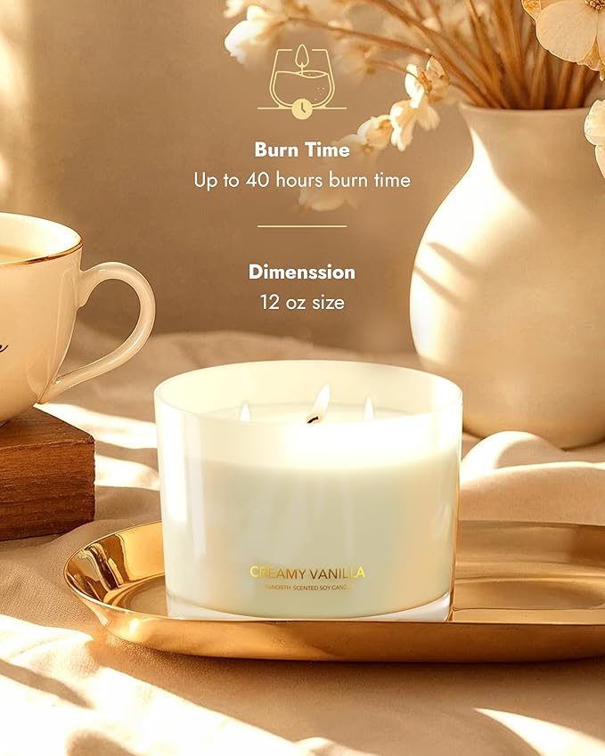 96NORTH Creamy Vanilla Scented Candles | Large 3 Wick Jar Candle | Up to 40 Hours Burning Time | 100% Natural Soy Wax | Relaxing Scented Candle for Home | Gift-Ready Luxury Candle for Men & Women - Bloomnest