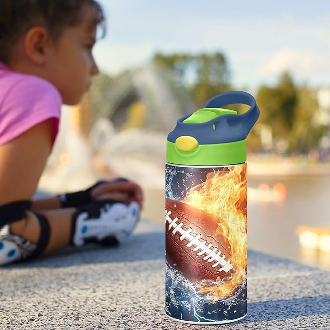 Rugby Football Fire Lightning Kids Water Bottle with Straw Lid Insulated Tumbler with Handle Stainless Steel Reusable Toddlers Cup for Kids Boys 12 oz - Bloomnest