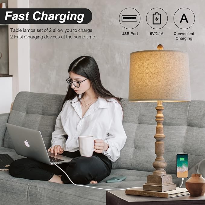 Oneach 27.75" Vintage Farmhouse USB Table Lamps Set of 2 for Living Room Bedroom Traditional Bedside Nightstand Lamp with Dual USB Port Resin Table Lamp with Rotary Switch for Living Room Bedroom - Bloomnest