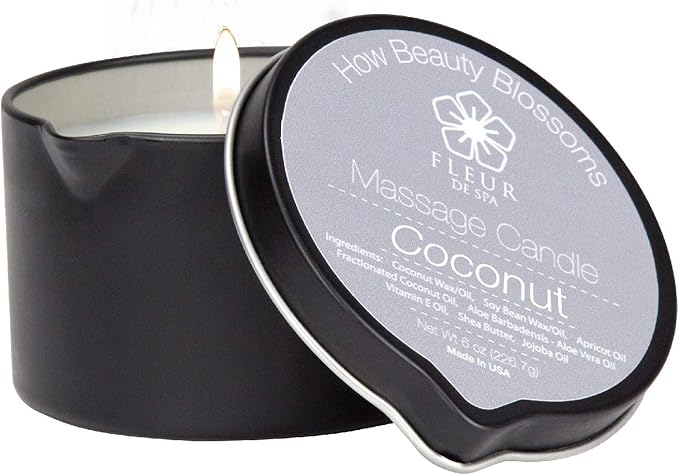 FLEUR DE SPA Massage Oil Candle – 6oz with Pour Spout – Made in USA – All Natural Coconut & Soy Blend – Melts to Warm, Alluring & Hydrating Body Oil – Perfect Spa & Gift Candle (Coconut) - Bloomnest