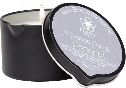 FLEUR DE SPA Massage Oil Candle – 6oz with Pour Spout – Made in USA – All Natural Coconut & Soy Blend – Melts to Warm, Alluring & Hydrating Body Oil – Perfect Spa & Gift Candle (Coconut) - Bloomnest