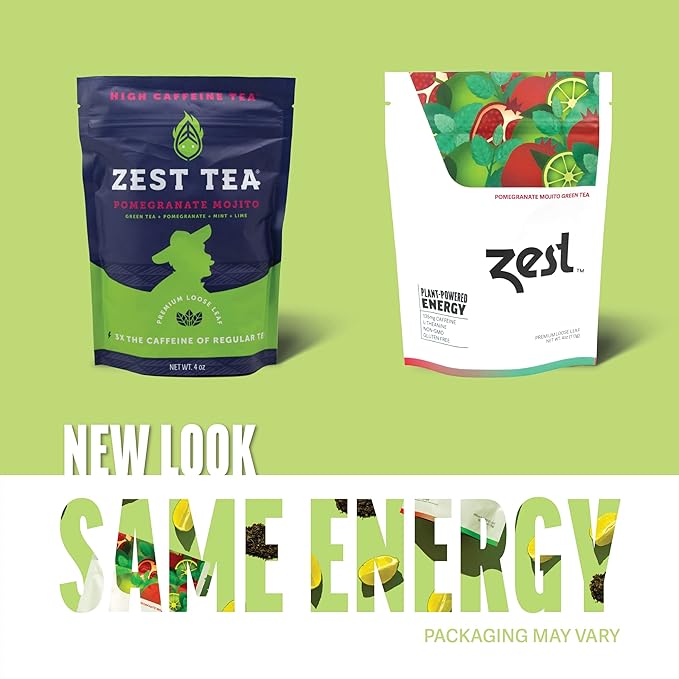 Zest Energy Green Tea - Pomegranate Mojito Loose Leaf Blend - High Caffeine Peppermint - Caffeinated Coffee Substitute - Natural, Non-GMO & Keto Friendly - Hot or Iced - 50 Servings - 135mg Caf - Bloomnest