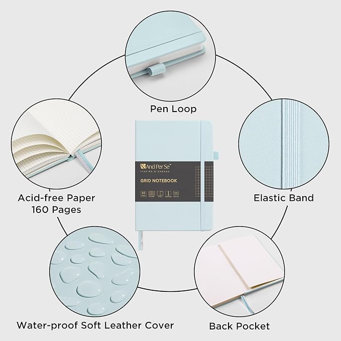 &And Per Se Graph Journal Notebook, 160 Pages, A5 5.7 x 8 inches 100 gsm Thick Paper Notebook Journals for Writing, Grid Hardcover Notebook(1 Pack, cyan)