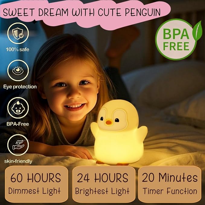 Cute Penguin Night Light, LED Squishy Xmas Penguin Lamp, Food Grade Silicone Dimmable Nightlight, Kids Gray Penguins Light, Rechargeable Light Up Penguins Gifts, Kids Room College Decor - Bloomnest