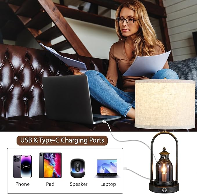 Farmhouse Lantern Table Lamps for Living Room Set of 2, Rustic Vintage Bedroom Nightstand Beside Desk Lamp with 2 USB Charging Ports,Dimmable Touch Night Light,4 Bulbs Included (Black) - Bloomnest