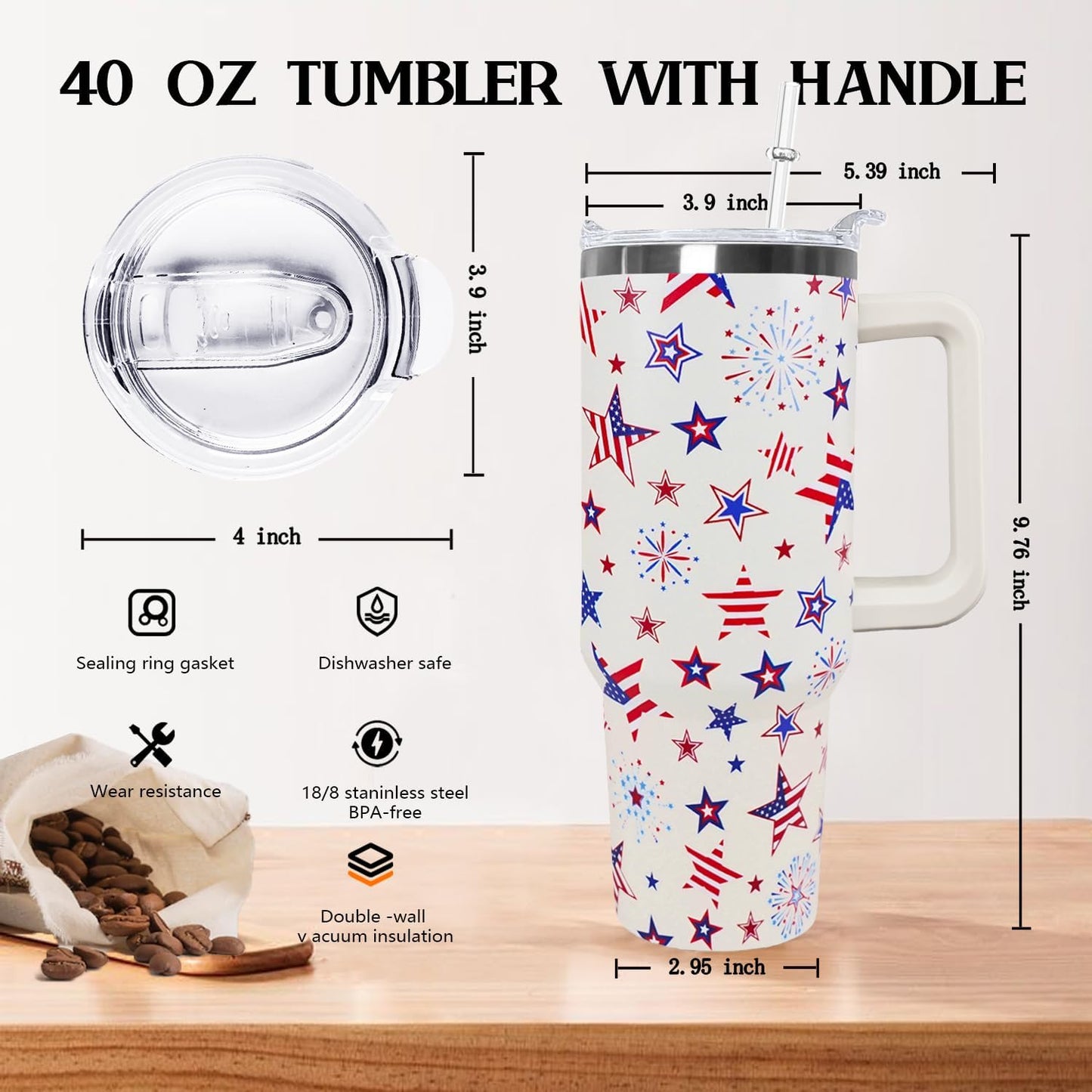 Ceovfoi 40 Oz 4th of July Tumbler With Handle and Straw,Patriotic Coffee Travel Mug Cup Water Bottle,American Flag Decor,Patriotic Military Gifts For Veterans, Police