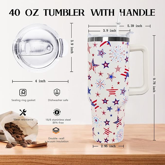 Ceovfoi 40 Oz 4th of July Tumbler With Handle and Straw,Patriotic Coffee Travel Mug Cup Water Bottle,American Flag Decor,Patriotic Military Gifts For Veterans, Police - Bloomnest