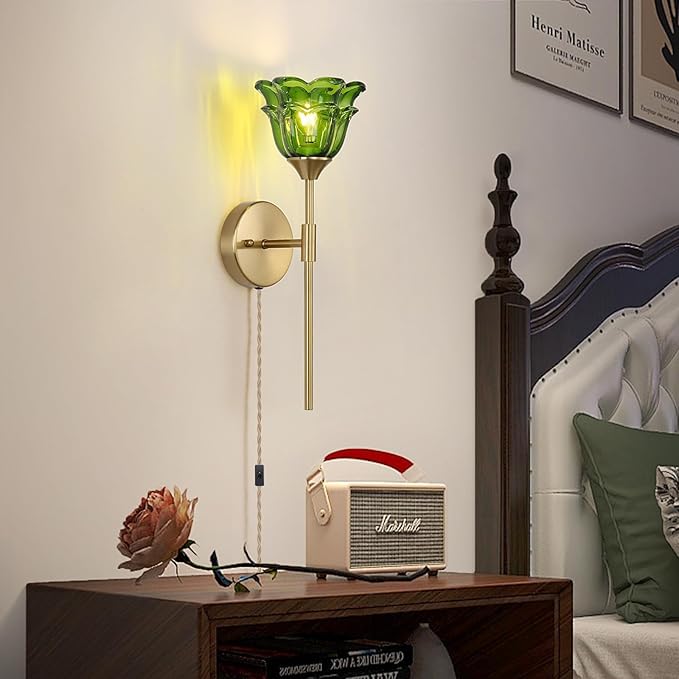 2 Pack Plug in Gold Wall Sconce with Green Glass Shades, Modern Mid Century Bathroom Vanity Wall Light Fixtures, Industrial Brushed Brass Wall Lamp, for Bedroom Mirror Living Room, ETL Listed - Bloomnest