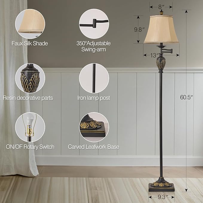 Traditional LED Floor Lamp with 350° Adjustable Swing Arm Lamp – Vintage Standing Pole lamp for Living Room, Bedroom and Office – Rustic Upright Floor Light for Home Décor with Silk Fabric Shade - Bloomnest