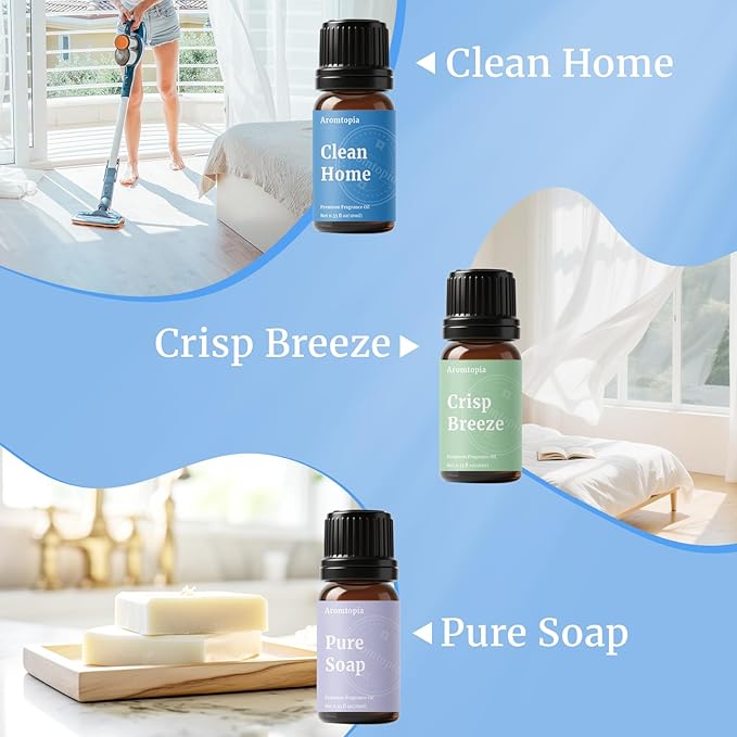 Diffuser Fragrance Oils, Aromtopia Essential Oils for Diffusers for Home, 6x10ml Fresh Home Set, Clean Scents for Candle Soap Making, Dryer Ball, Fresh Linen, Fresh Laundry, Crisp Breeze, Lemon - Bloomnest